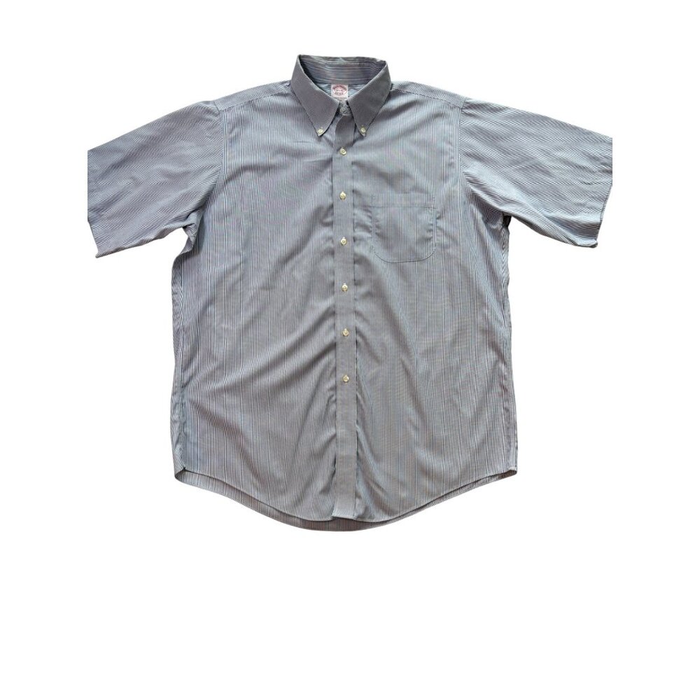 Brooks Brothers Short Sleeve Dress Shirt 16.5 x 35 Blue White Stripe Non-Iron